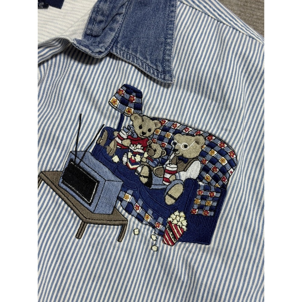 Vintage Quizz New York Shirt Womens 20 Blue White Stripe Embroidered Bears Denim - Picture 2 of 10